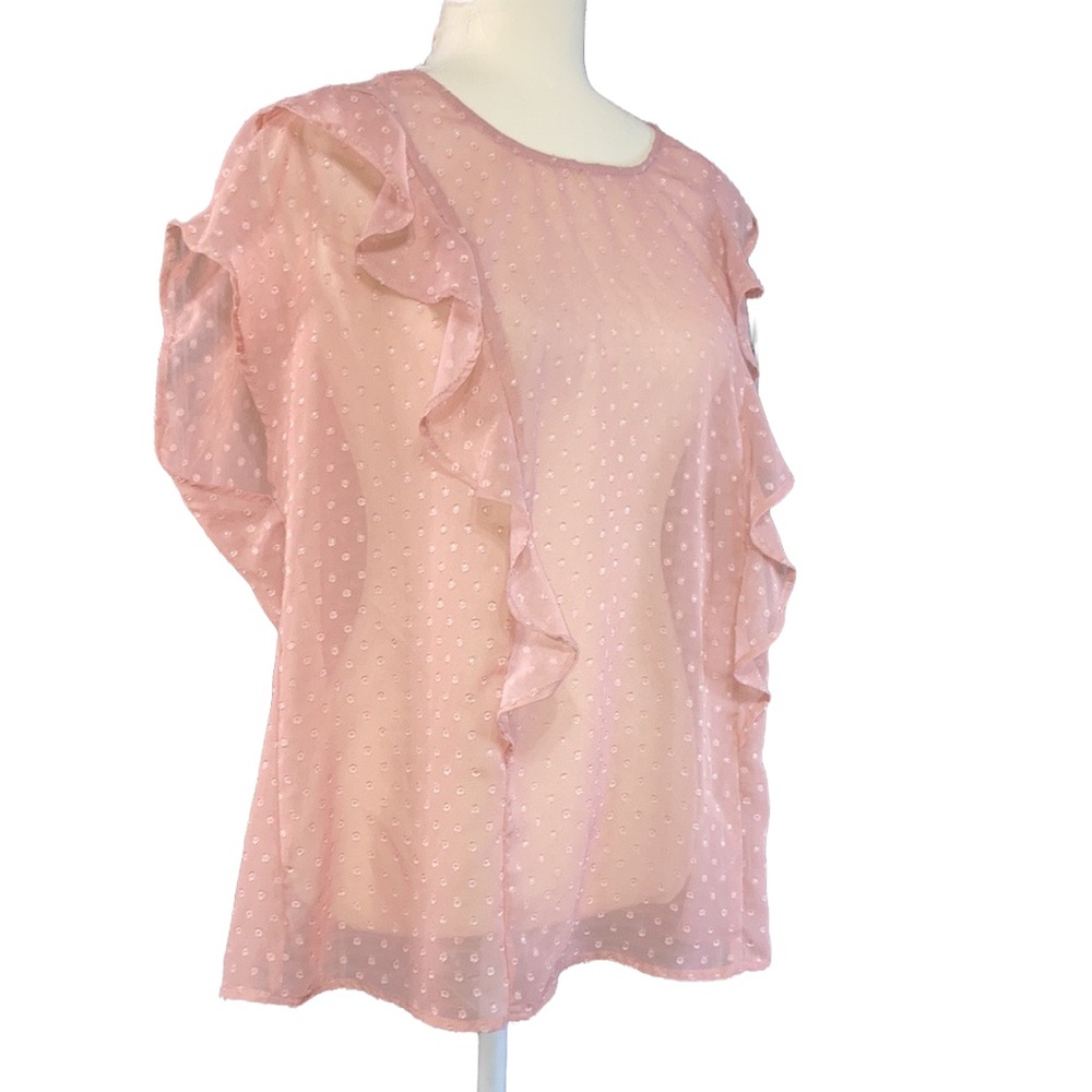 Torrid Large (0) Pink Chiffon Sheer Swiss Dot Sleeveless Ruffle Front Blouse